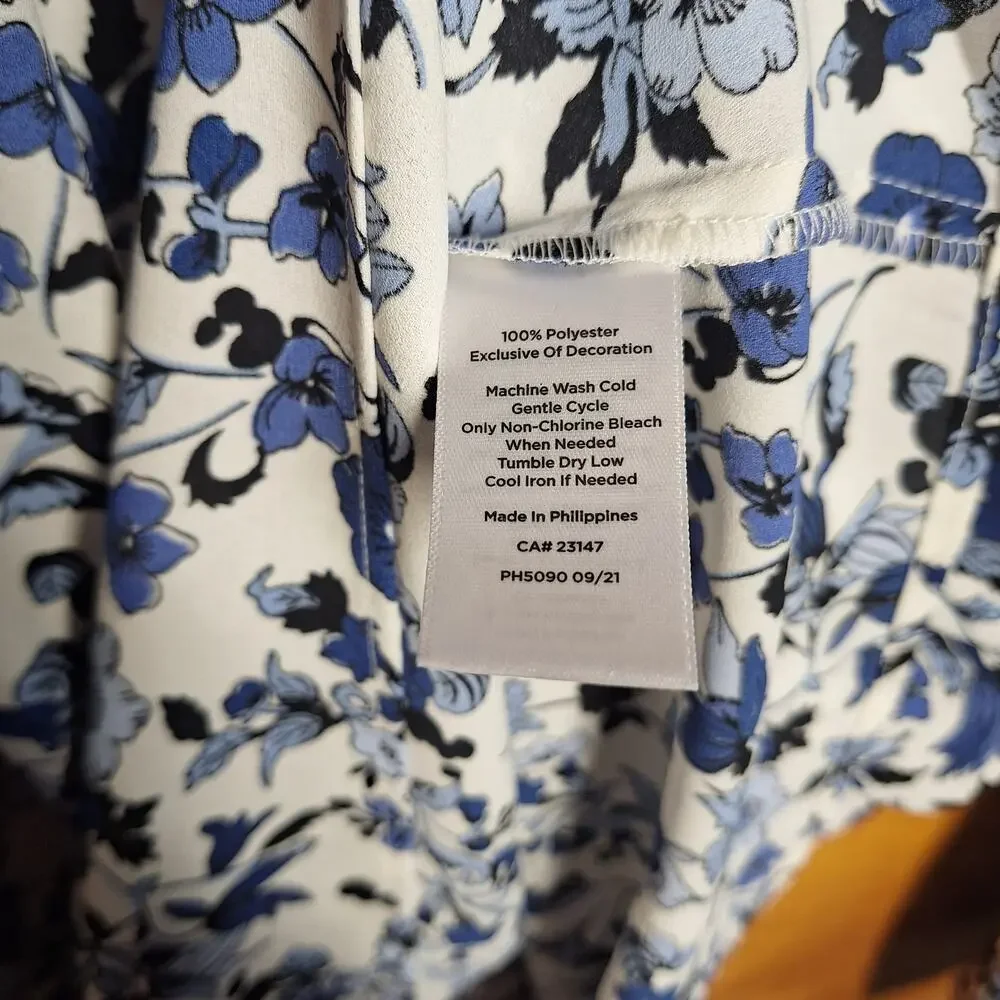 Talbots NEW floral blue puppy flower print peasant style button blouse L boho